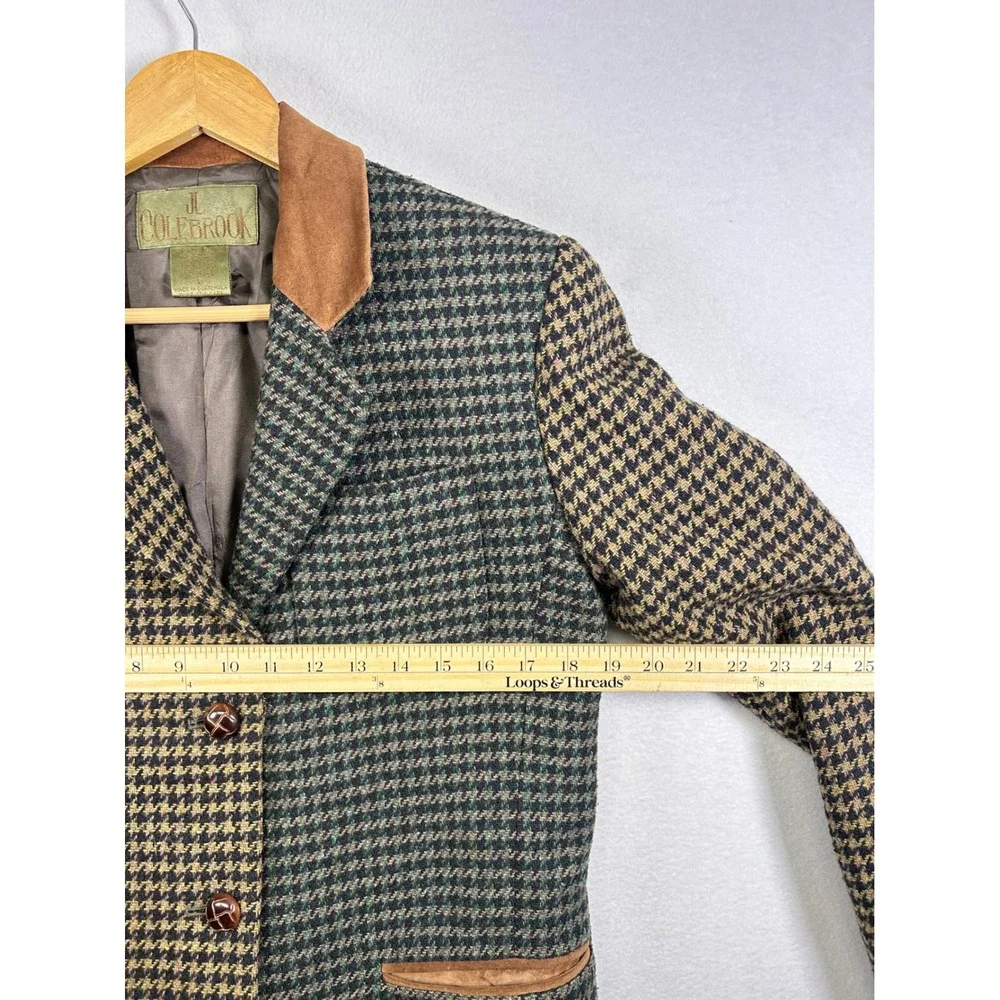 Vintage JL‎ Colebrook Blazer Women 6 Green Tan Houndstooth Wool Blend Suede Trim
